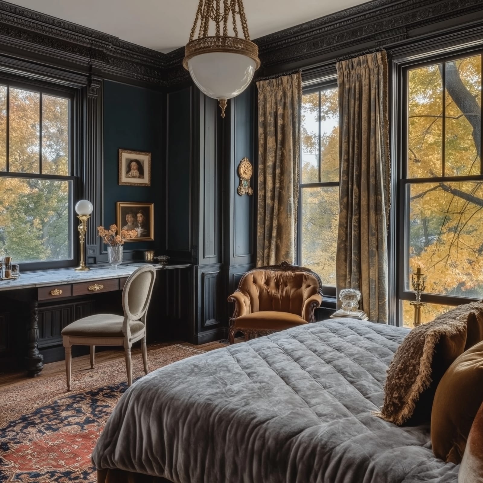 Dark-panelled corner study with marble desk, antique chair and autumn light through tall windows