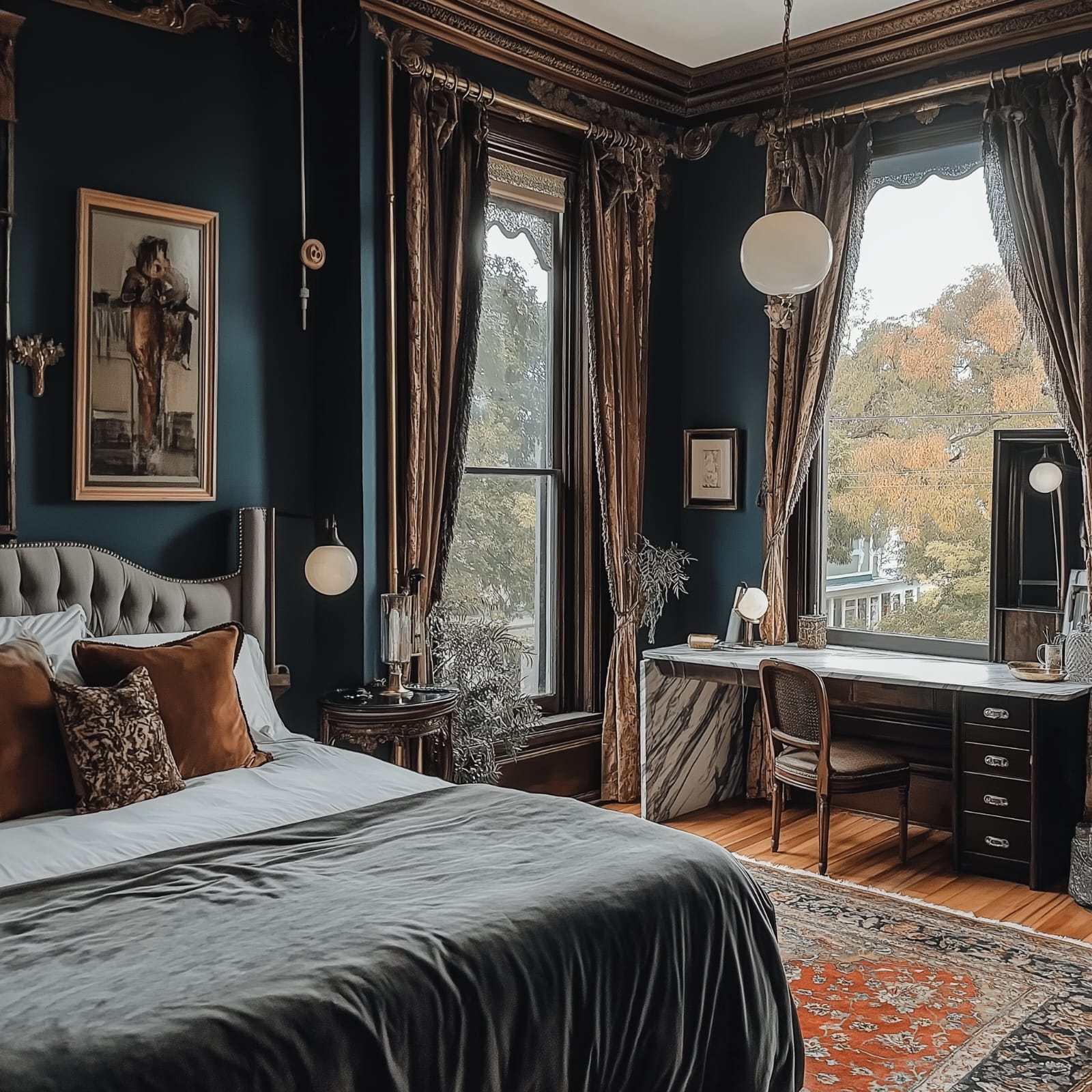 Deep teal bedroom with tufted headboard, velvet throw and ornate window dressings