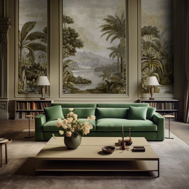 Sage green sofa in a grand living room with botanical mural panels and warm lamp light